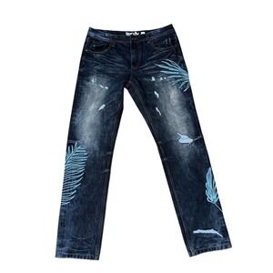 Born Fly Jeans Mens 34x34 Blue Dark Wash Distressed Straight Leg Leaf streetwear
